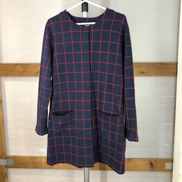 Olsen Navy Blue & Red Simple Plaid Long Cardigan Jacket Sz XL (16) - Picture 2 of 11